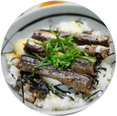 鮎丸ごとオイルサーディン丼